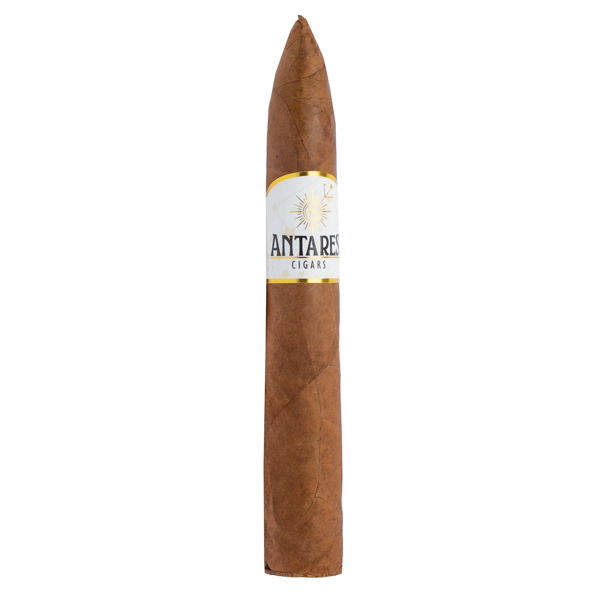 Cigar with a white label reading ANTARES CIGARS around the middle, standing upright on a white background.