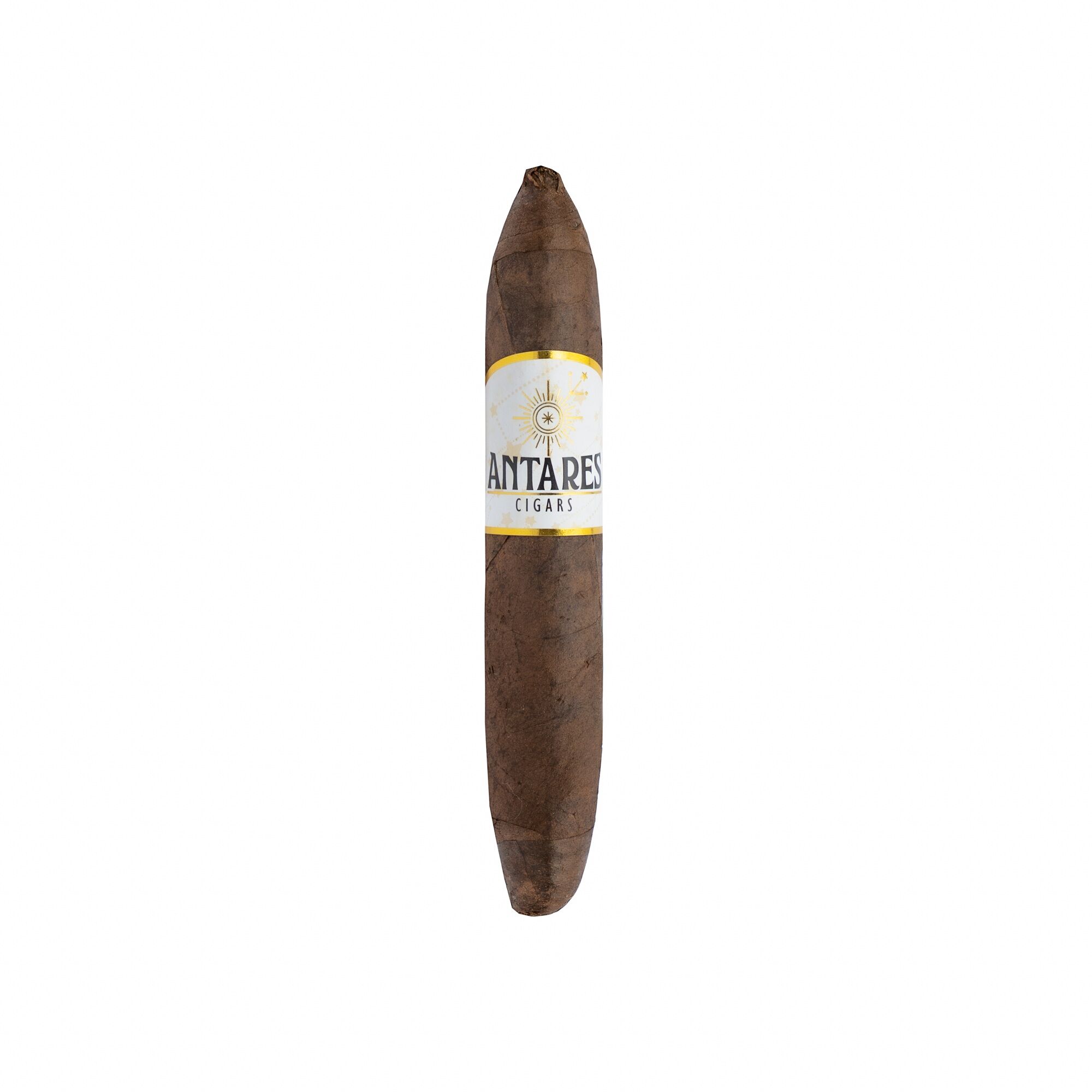 A single brown cigar with a white and gold Antares Cigars band on a white background.