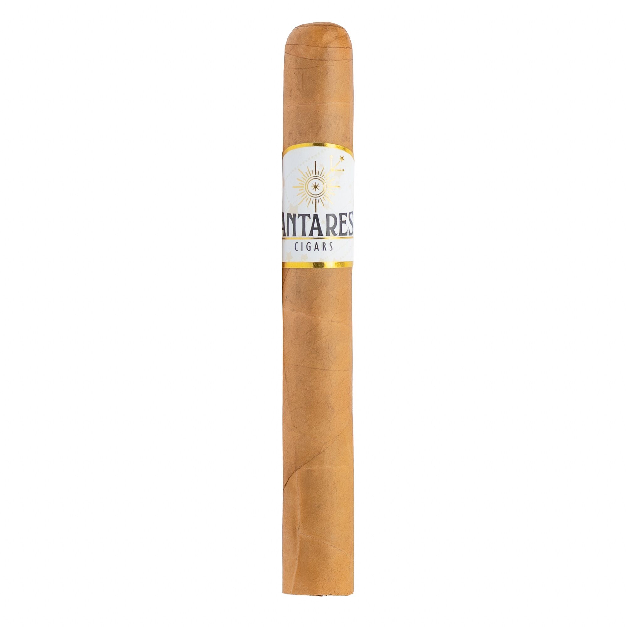 Single brown cigar with a white and gold label featuring a sun motif and the word 'CIGARS' visible at the band."