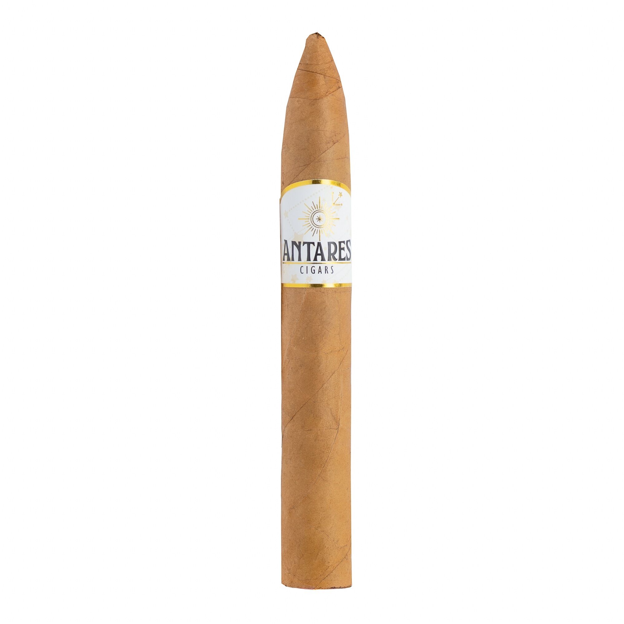 Cigar standing upright with a white and gold band reading ‘ANTARES CIGARS’ against a white background.